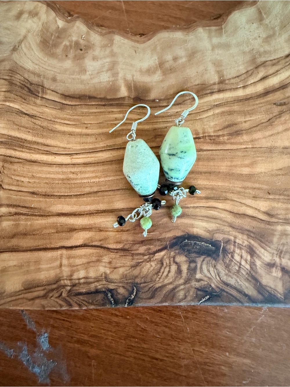 Handmade Artisan Green Natural Stone & Black Beaded Dangle Earrings